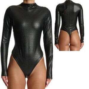 Naked Wardrobe Black Bodysuit Croc-Embossed Long Sleeves Women Size X Large